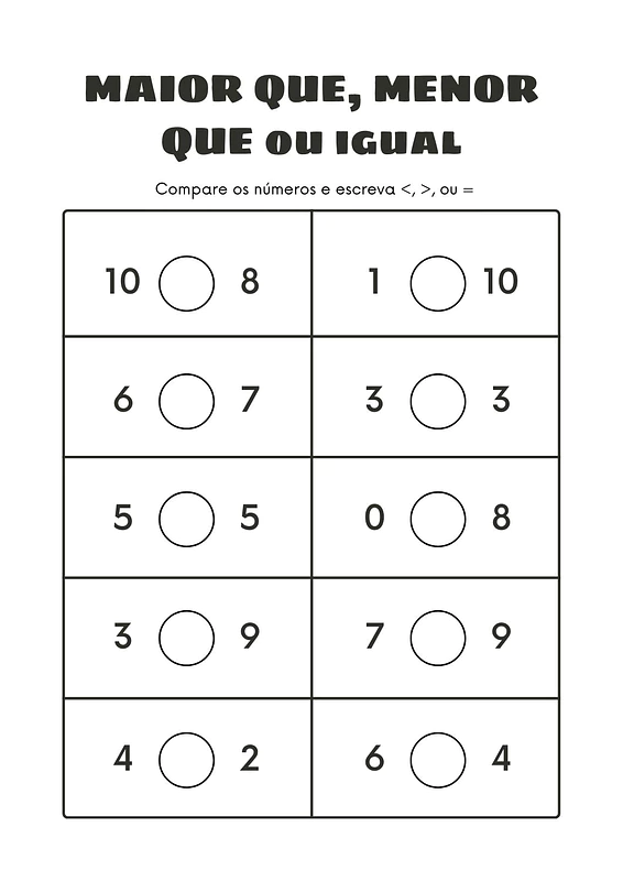 Atividades sinal de maior e menor | Educlub
